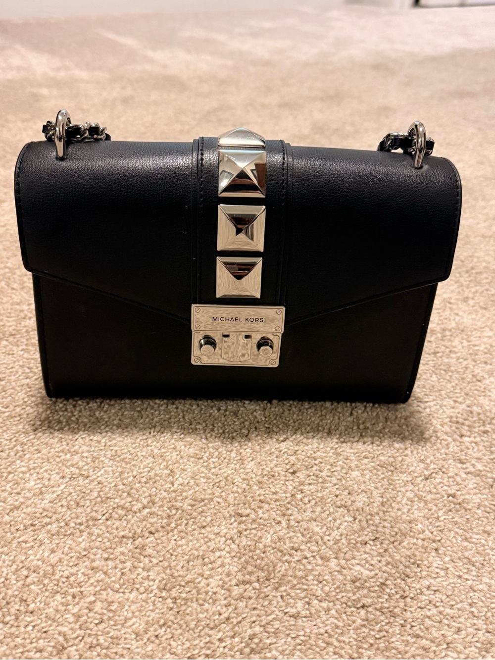 Michael Kors Black Leather Crossbody with Silver Pyramid Studs